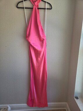 Retrofete New York Pink Satin Halter Gown Maxi Dress Open Back Womens 2 Small